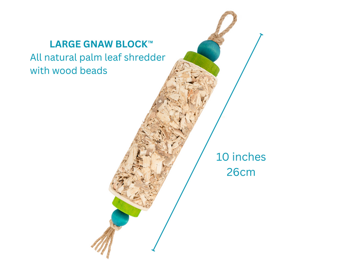 Crafted from sustainably sourced palm fronds, this all natural GNAW BLOCK™ shredder is loved by birds of all types and sizes. These one-of-a-kind chew toys offer a wholesome outlet for behaviors that are essential for the mental and physical health of our feathered darlings.