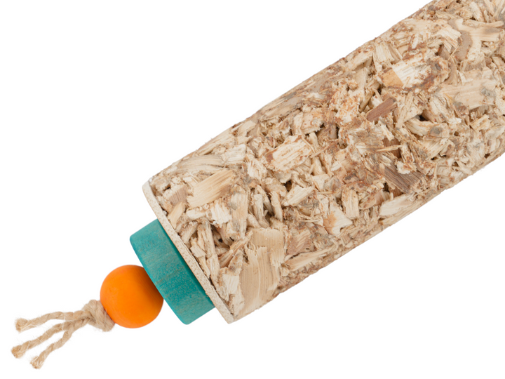 Small JANGLY POLE™ stainless steel parrot toy base loaded with natural palm leaf shredder