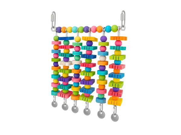 MEDIUM JANGLY WALL of TOYS™ refillable stainless steel bird toy platform pre-loaded with wood beads and blocks | 6 poles