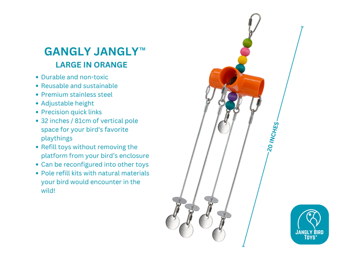 GANGLY JANGLY™ refillable stainless steel bird toy platform pre-loaded with toys! | Large