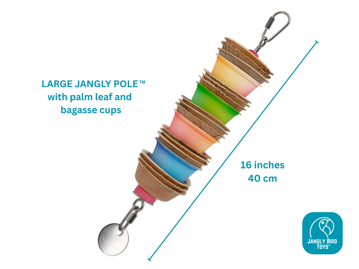 JANGLY POLE™ | Refillable stainless steel parrot toy base loaded with crunchy palm leaf cups | Large