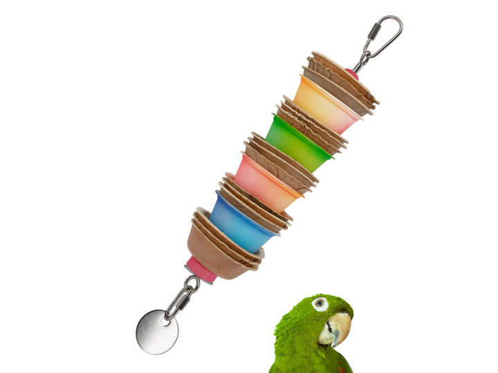 JANGLY POLE™ | Refillable stainless steel parrot toy base loaded with crunchy palm leaf cups | Large