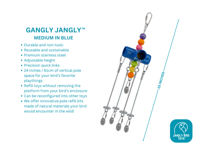 GANGLY JANGLY™ refillable stainless steel bird toy platform pre-loaded with crunchy and chewy palm leaf shredders | Medium