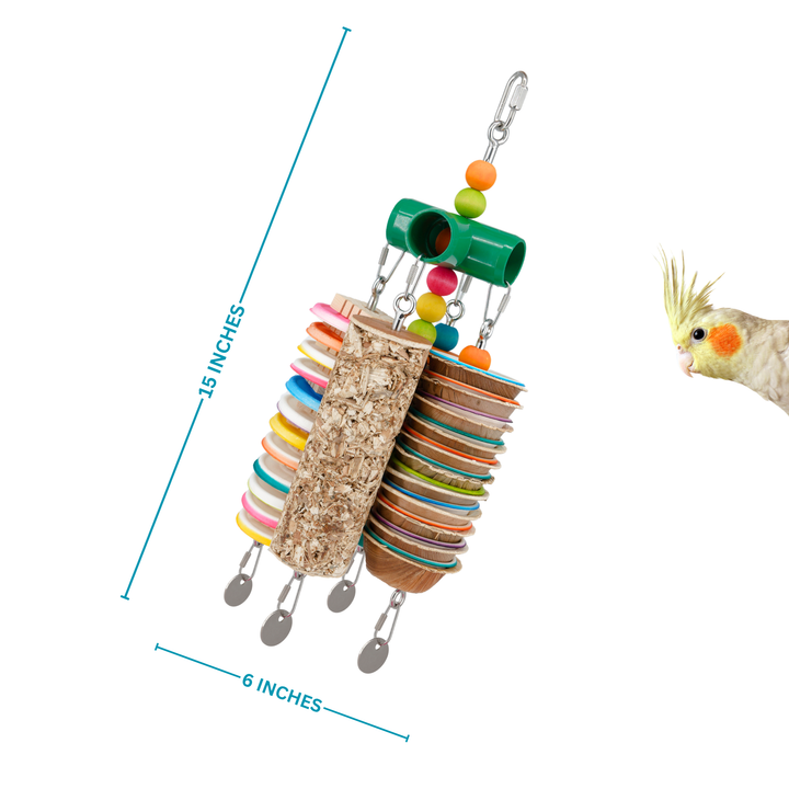 GANGLY JANGLY™ refillable stainless steel bird toy platform pre-loaded with crunchy and chewy palm leaf shredders | Medium