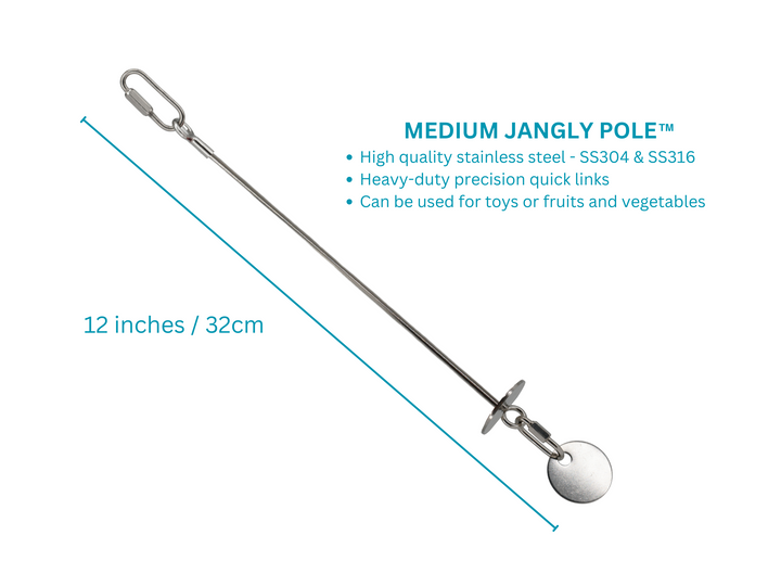JANGLY POLE™ | Refillable stainless steel parrot toy base loaded with palm leaf toys | Medium
