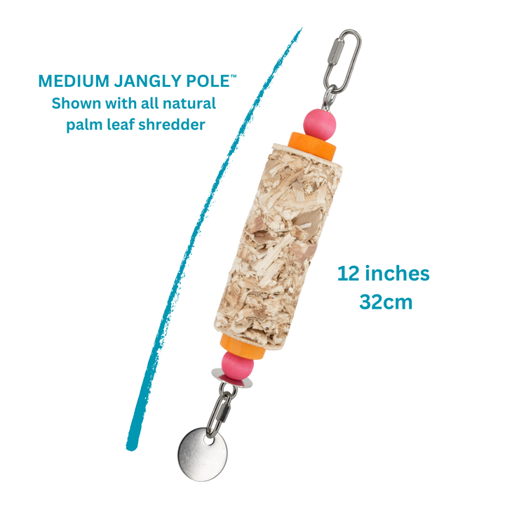 JANGLY POLE™ | Refillable stainless steel parrot toy base with palm leaf shredder | Medium
