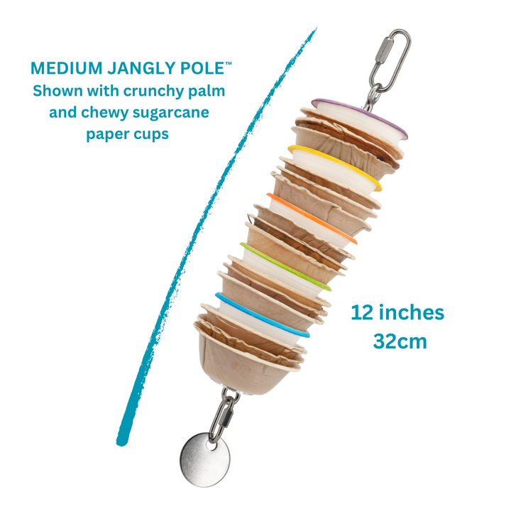 JANGLY POLE™ | Refillable stainless steel parrot toy base loaded with palm leaf toys | Medium