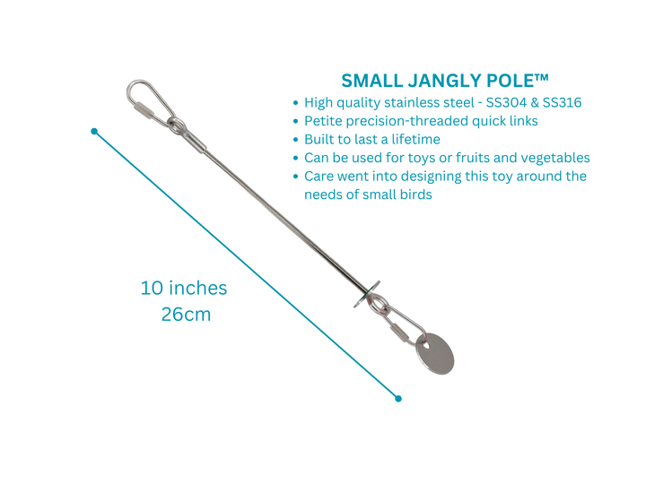 Small jangly pole with specifications on a white background