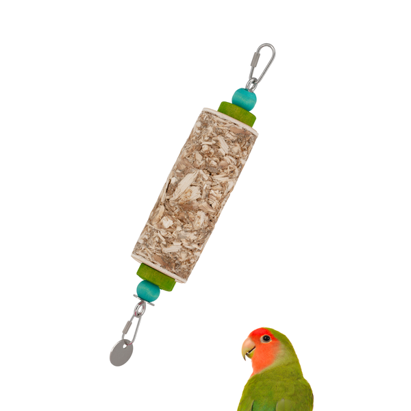 Small JANGLY POLE™ stainless steel parrot toy base loaded with natural palm leaf shredder