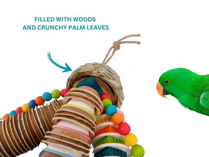 PARROT PALM SHREDDER™ | Large bird chew toy made of natural palm leaves and bird-safe woods