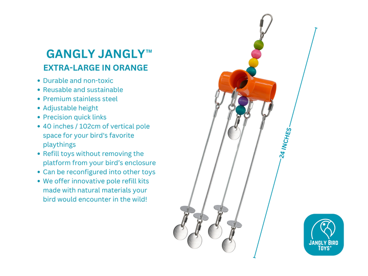 GANGLY JANGLY™ refillable stainless steel bird toy platform pre-loaded with toys! | Extra-Large
