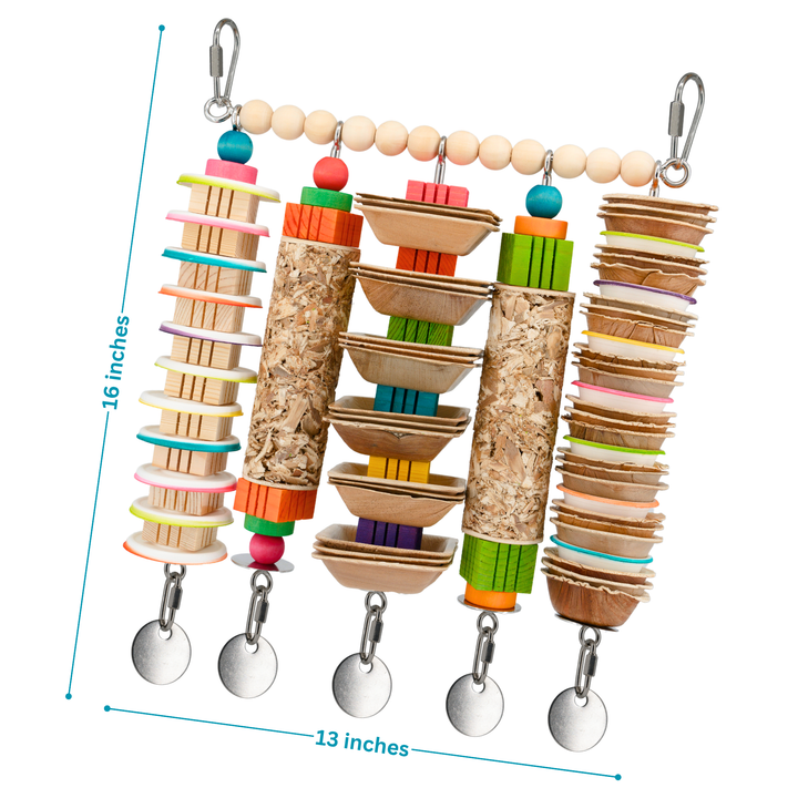 JANGLY WALL OF TOYS™ Extra-Large—refillable stainless steel bird toy platform pre-loaded with shreddable toys. Built for big birds and endless enrichment!